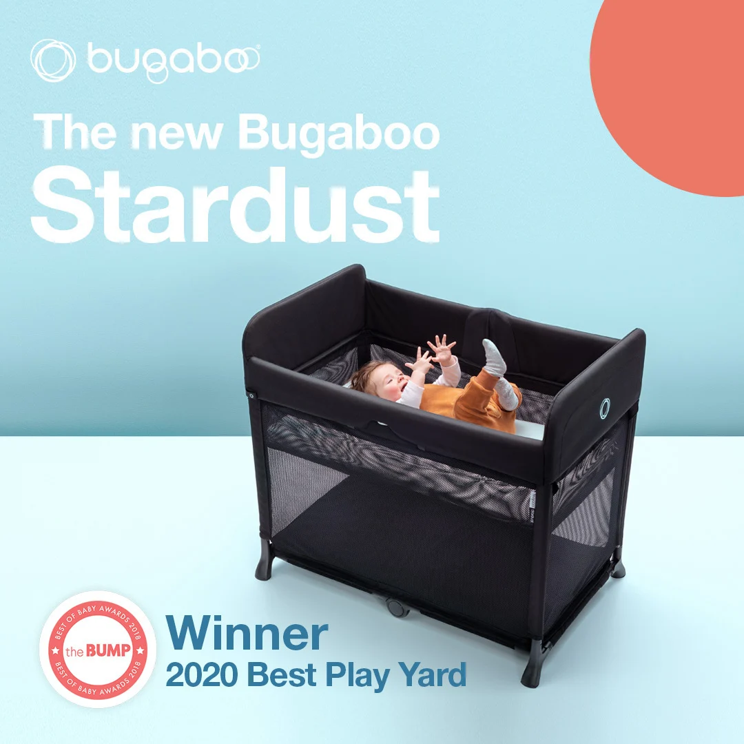 The Bugaboo Stardust Plus (successor to the Stardust) premium travel cot with one-second pop-up mechanism, zip-in newborn bassinet insert, and compact carry bag, priced from $449 AUD