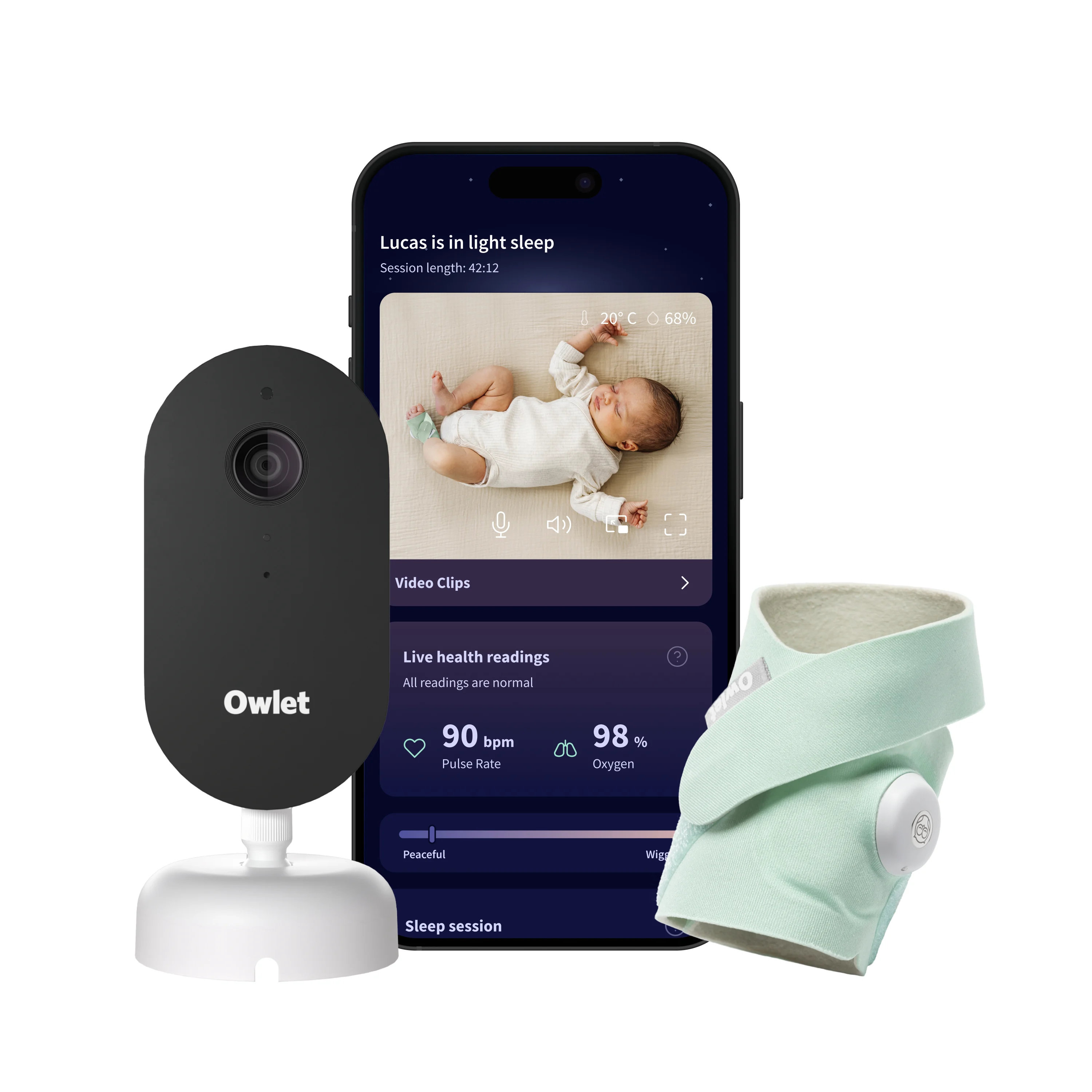 The Owlet Dream Duo bundle with Dream Sock pulse oximetry monitor and Cam 2 HD video camera, live heart rate, oxygen, and sleep tracking, ARTG-listed (medical device ARTG 509485), priced from $562.03 AUD at Australian retailers