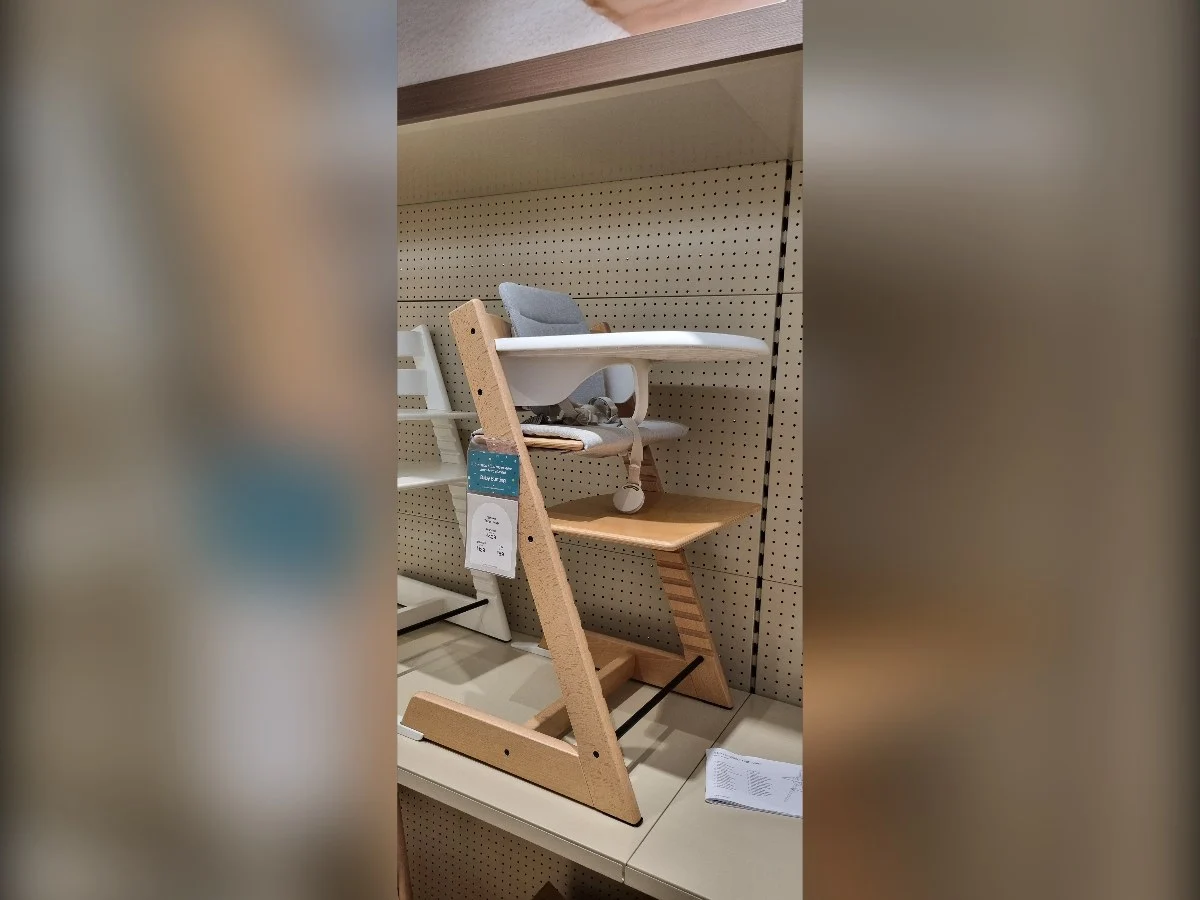 The Stokke Tripp Trapp iconic Scandinavian high chair in FSC-certified European beech with adjustable seat and footrest, birth to adult, priced from $439 AUD at Australian retailers